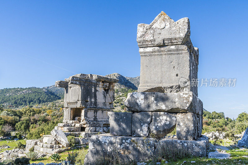 来自Dodurga村的Sidyma古城。Fethiye, Mugla，土耳其。